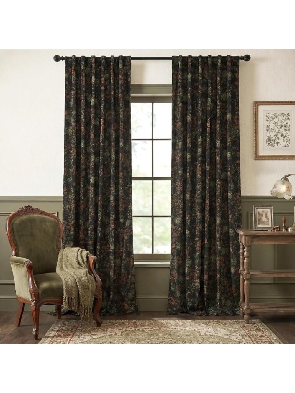 Elegant Black Velvet Curtains - 84" Vintage Floral Drapes, Set of 2 Panels